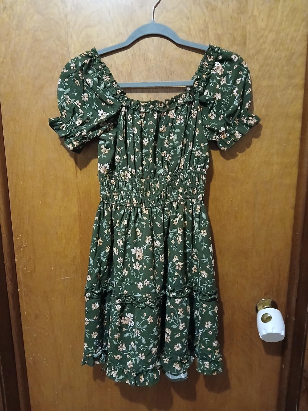 Green Floral Smocked Midi Dress with Puff Sleeves